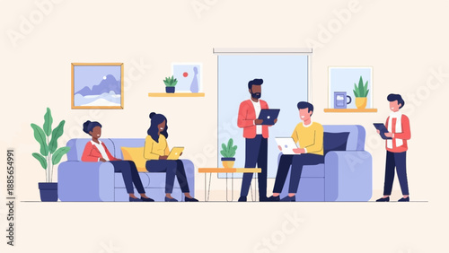 Diverse group working and socializing in a modern, well-lit indoor space