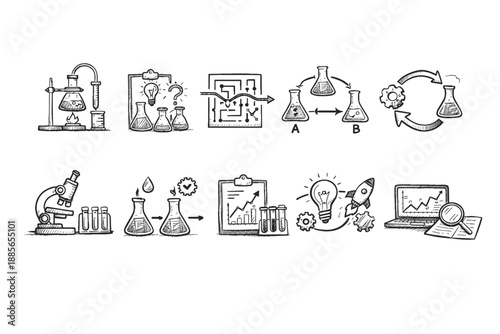 Science and research sketch icon set. Laboratory, experiment outline icons collection.