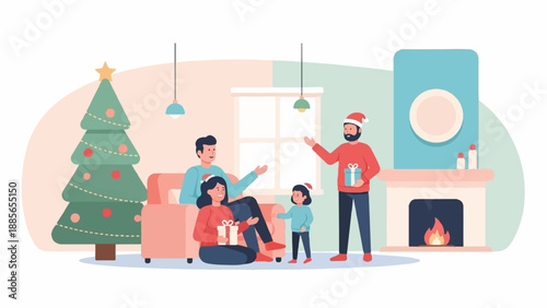 Family celebrating Christmas, opening gifts by a festive fireplace