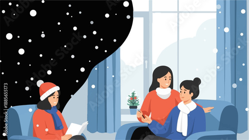 Family cozy indoors winter snowfall outside, with one reading