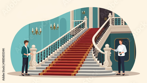 Elegant staircase with two men in an opulent indoor setting