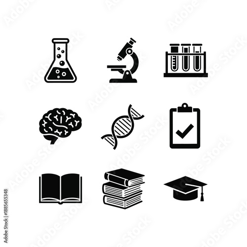Premium Science and Education Icons Set: Black & White Academic & Laboratory Vector Icons for STEM, Research, Learning, and Classroom Use - DNA, Brain, Books, Graduation Cap, Lab Equipment