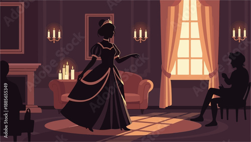 Elegant shadowy figures in a candle-lit room