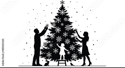 Family decorating Christmas tree together illustration, winter holiday celebration with parents and child, festive silhouette vector design for seasonal, celebration, and holiday concepts