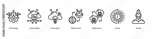Next-Gen Technology Infrastructure web banner icon vector illustration featuring Technology, 5G Technology, Smart Grids, Robotic Brain, Digital Twins, Future, and Rocket.