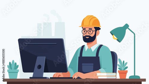 Engineer at desk with computer, plants, and factory in background