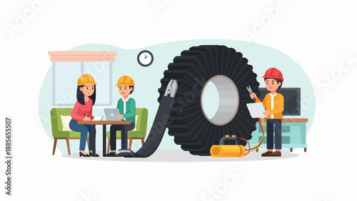 Engineers collaborate around a large industrial component and equipment