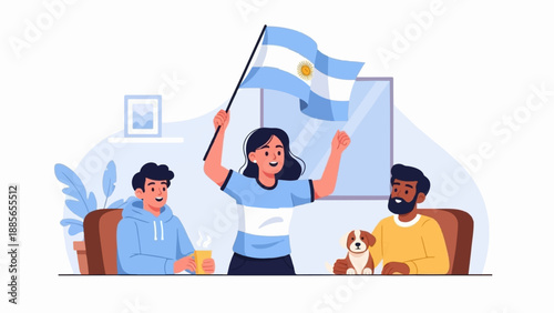 Enthusiastic fan waves flag with friends and dog watching