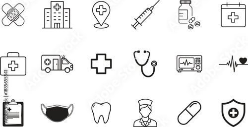 Medical and Healthcare Icon Pack – 20 Clean Vector Symbols for Hospitals, Doctors, Safety, Wellness, and Emergency Services