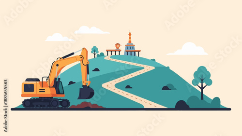 Excavator digging on a hill with a winding path to a structure