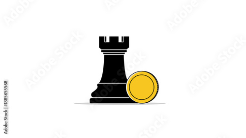 Black chess rook with gold coin symbolizing  investment strategy concept