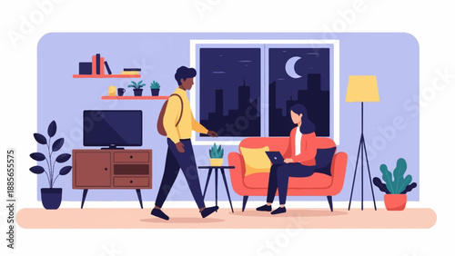 Evening scene of two people indoors with a city view