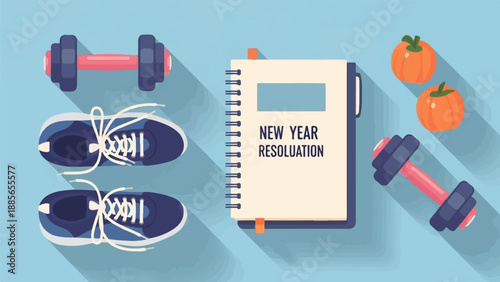 Exercise gear, notebook, and fruit arranged on blue surface for fitness