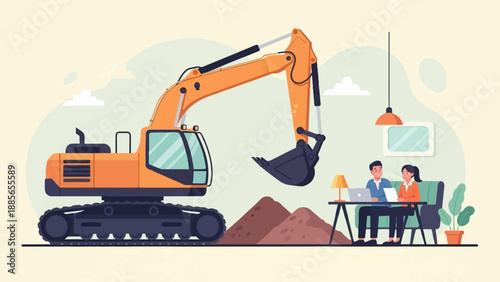 Excavator operates near a desk with two people working