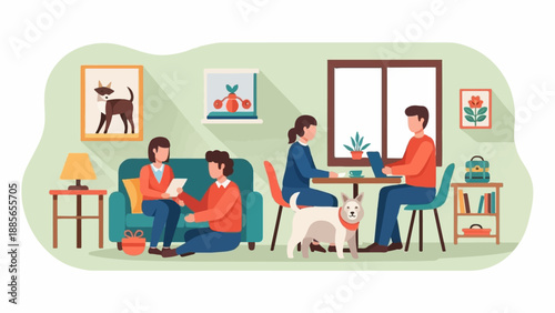 Family and dog relax indoors, reading, working on laptop, and playing