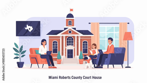 Family and dog relax while watching state map on screen near courthouse