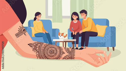 Family and dog relaxing at home while having henna done on arm