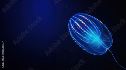Bioluminescent comb jelly. Transparent ctenophore with rainbow glowing comb rows in deep blue water. Great for marine biology posters, aquarium ads, ocean science articles, and mindfulness visuals.