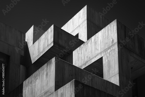 High Contrast Black and White Photo of Brutalist Architecture with Geometric Shapes and Deep Shadows, Abstract Urban Design