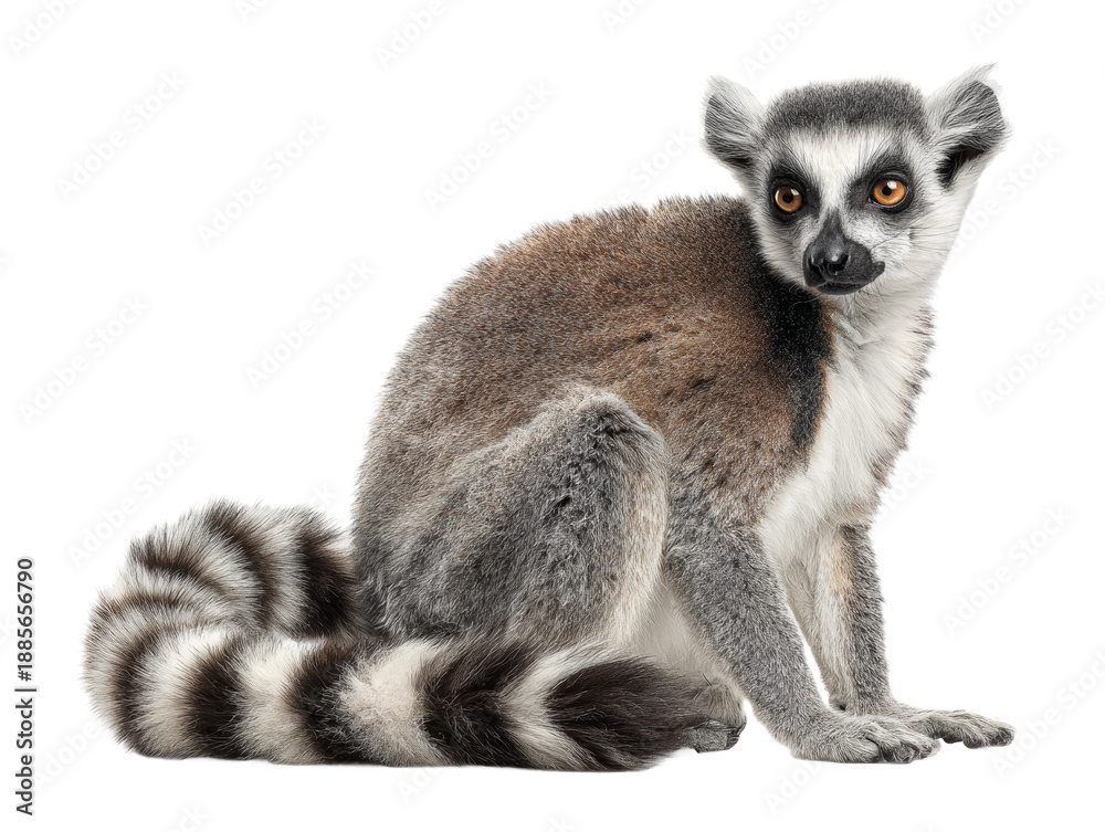 Naklejka premium A Ring-tailed Lemur sitting and looking directly at camera Isolated Transparent Background, PNG