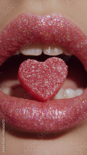 Pink glitter lips holding heart shaped candy for valentine romance sensual beauty close up