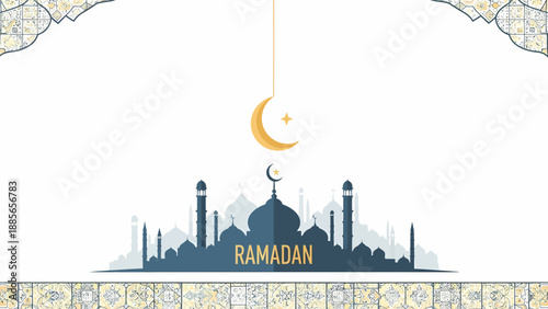 Ramadan Mosque Silhouette with Crescent Moon.