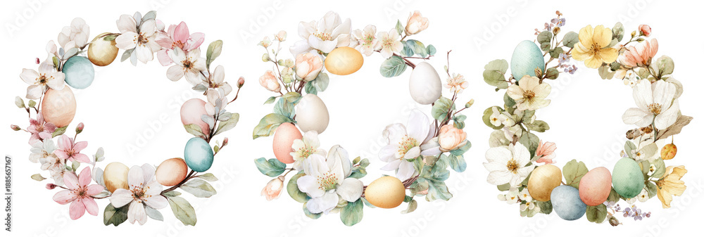 Naklejka premium PNG Floral wreaths with Easter eggs element set on transparent background
