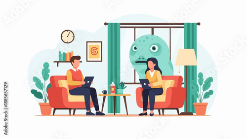 Duo working on laptops while a creature peers through window