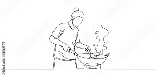 Continuous one line of a person cooking with a wok, symbolizing flavor, energy, and culture, drawn vector illustration.