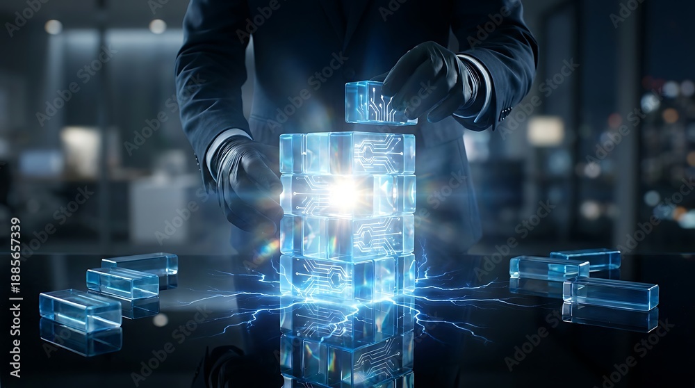 Fototapeta premium Businessman Interacting with Luminous Blue Digital Cube Representing Advanced Technology and Data.