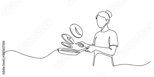 Continuous one line of a person flipping pancakes in a pan, representing joy, breakfast, and tradition, drawn vector illustration.