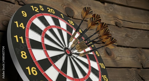 Dartboard with several darts stuck in it on a wooden wall background