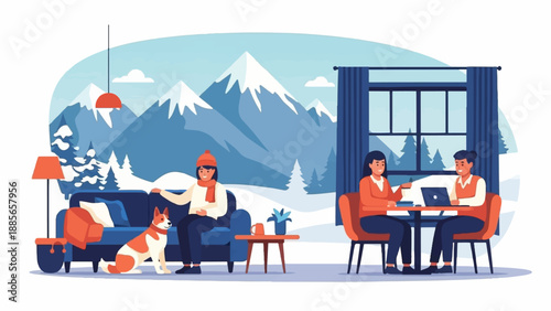 Cozy winter scene with people and dog enjoying indoor comfort