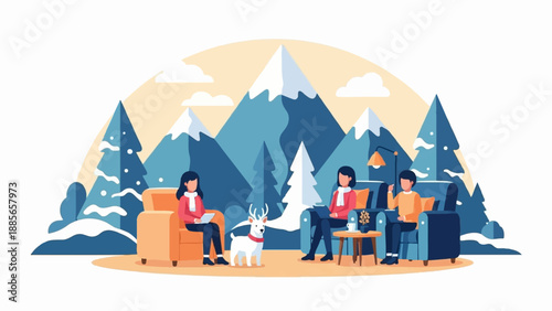 Cozy winter scene with family and pet in a snowy mountain landscape