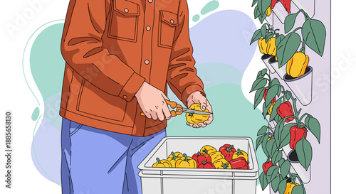 Gardener Harvesting Ripe Yellow Bell Peppers from Vertical Garden.