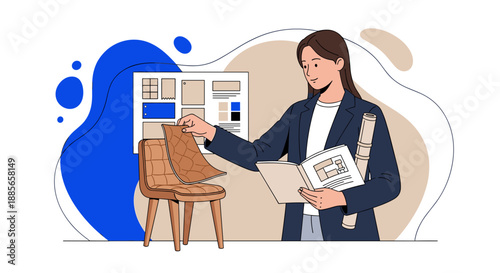 Interior Designer Inspecting Chair and Color Swatches for Project.