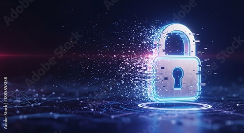 Cybersecurity Concept with Lock Icon and Glitch Effect