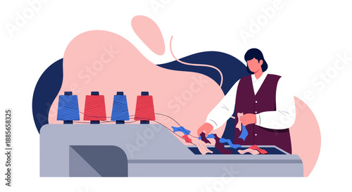Woman Sewing Colorful Fabric with Thread Spools on Sewing Machine.