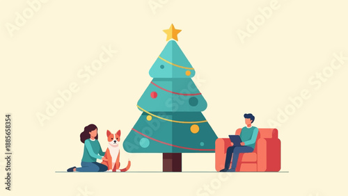 Cozy winter scene with a decorated Christmas tree, a person petting a dog, and another relaxing on a couch