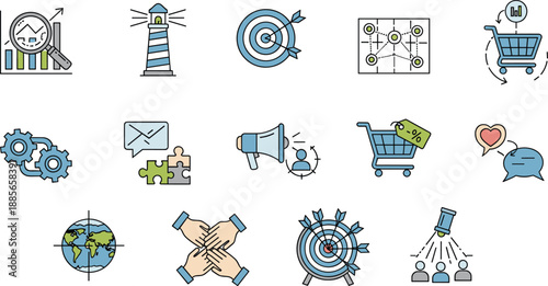 Business strategy and marketing icons set, target analytics communication growth planning symbols, modern flat design for corporate success