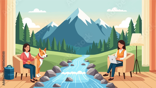 Cozy mountain scene with two women, a dog, and a stream