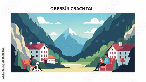 Cozy mountain valley scene with houses, people, and animals