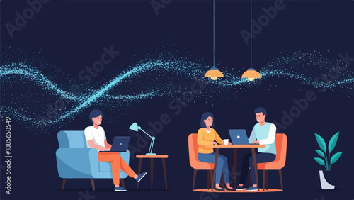 Diverse group works on laptops in a modern, star-dusted office space