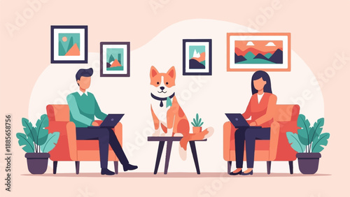 Cozy home scene with two people working on laptops and a dog