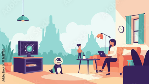 Cozy home scene with woman working on laptop, child, and pet