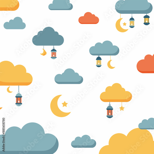Colorful Clouds Lanterns Moon Stars Pattern.