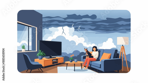 Cozy indoor scene with a dog and person during a dramatic stormy sky