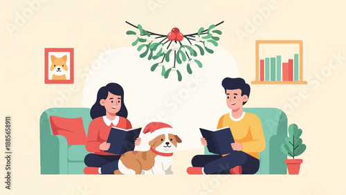 Cozy indoor scene with a couple reading, dog, and festive mistletoe