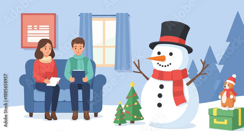 Cozy winter scene with people, snowman, trees, and dog on gift