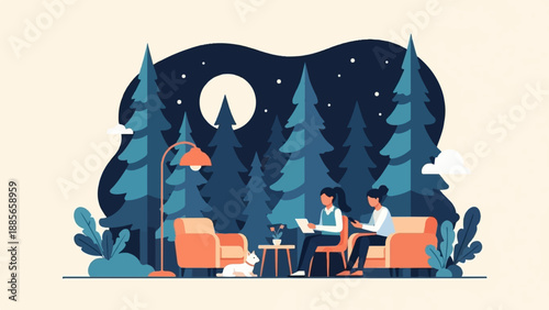 Cozy indoor scene with a dog and two people enjoying downtime in a forest